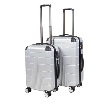 Gray suitcase isolated on white background. Polycarbonate suitcase isolated on white. Gray suitcase.