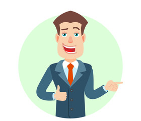 Businessman showing thumb up and pointing something beside of him