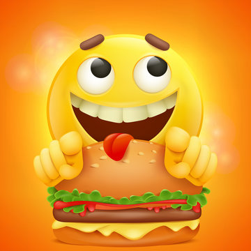 Emoticon smiley yellow cartoon emoji face with burger