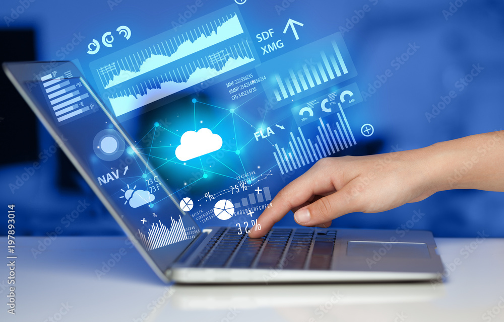 Poster hand using laptop with cloud technology and linked information concept
