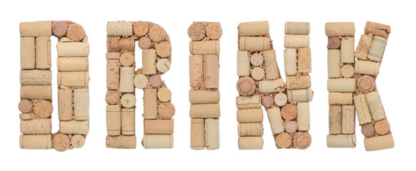 Word drink made of wine corks Isolated on white background