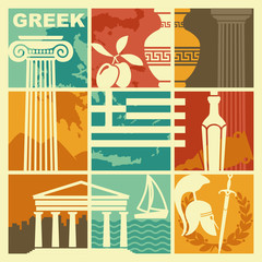 Fototapeta premium Set of vector images on the theme of Greece