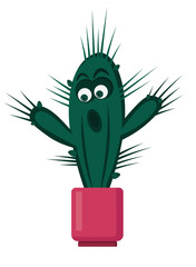 Vector cartoon character cactus is scared, surprised.
