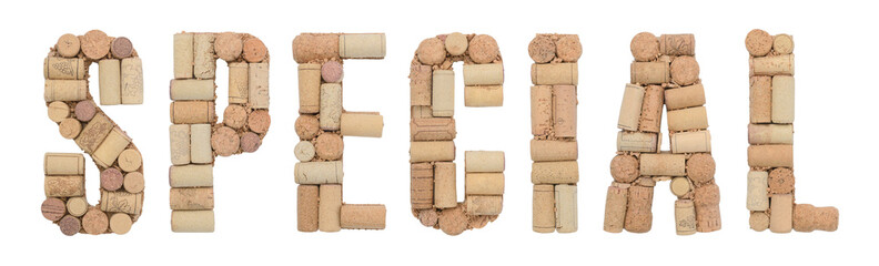 Word SPECIAL made of wine corks Isolated on white background