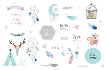 boho icon with feather,squirrel,wild,moon,star,arrow,cage,bear and tent