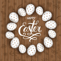 Easter background template with beautiful colorful spring flowers and eggs. Vector illustration