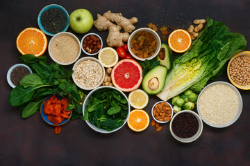 Flat lay vegetarian healthy food set -different vegetables and fruits, superfood, seeds, cereal,...