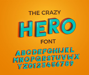 Comic cartoon crazy hero font. Vector illustration 3d design