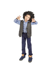 Young boy in afro wig acting like a monster, isolated on white