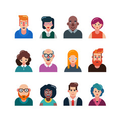 set of people flat avatars. male and female faces. funny men and women characters. vector illustration