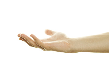 The man's open palm is pointed upwards. Isolated