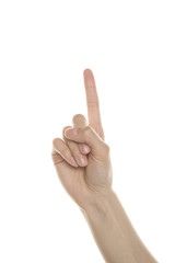 Female palm with index finger up. Isolated
