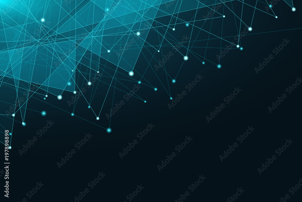 Poster abstract geometric background. blue glowing connected triangles on a dark background. plexus web. vi