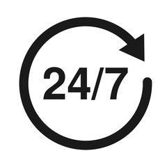 24/7 Service open 24h hours a day and 7 days a week. Flat isolated vector illustration in black on a white background.