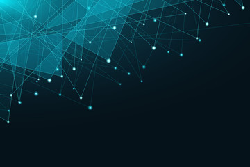 Abstract geometric background. Blue glowing connected triangles on a dark background. Plexus web. View from above. Big data. Modern polygonal design. Vector illustration