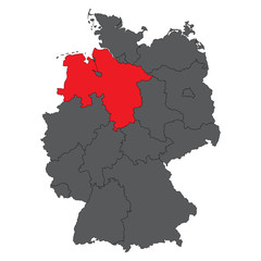 Lower Saxony red on gray Germany map vector