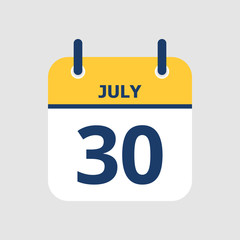Flat icon calendar 30th of July isolated on gray background. Vector illustration.