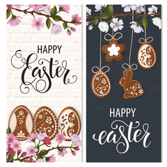 Happy Easter lettering, Gingerbread in the form of eggs. Spring 

holidays, Easter background. Vector illustration EPS10.