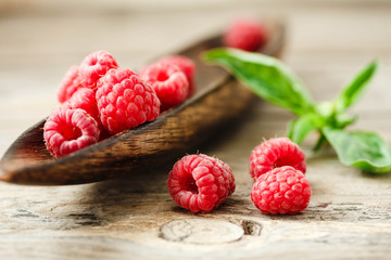 Fresh sweet raspberry and green basil in a wooden plate. Horizontal.Organic.