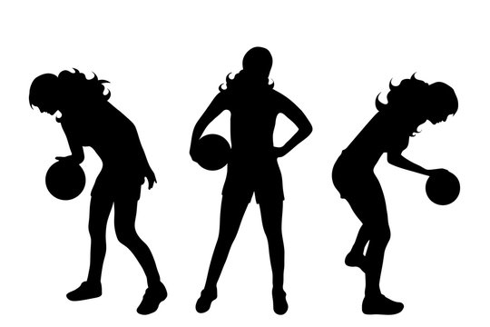 Vector silhouette of woman who play basketball on white background.