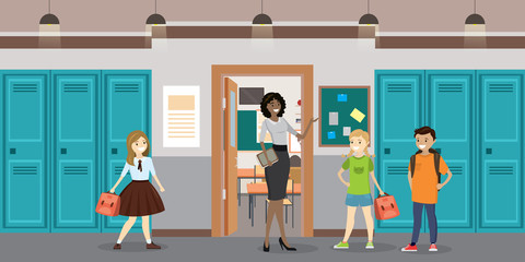 Cartoon Teacher and students in the school hall,