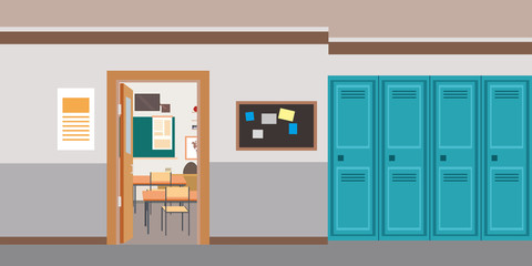 Cartoon empty school interior,open door in classroom