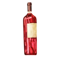 Watercolor illustration. Image of a red bottle of wine.