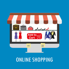Online shopping, Shop of clothes and accessories on monitor screen