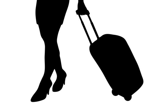 recommend clip art: Vector silhouette of woman who travel with suitcase on white background.