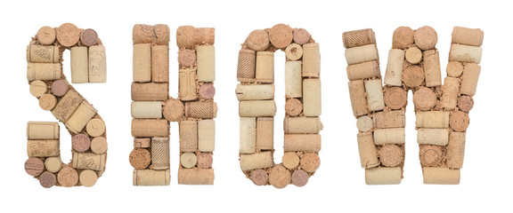 Word Show made of wine corks Isolated on white background