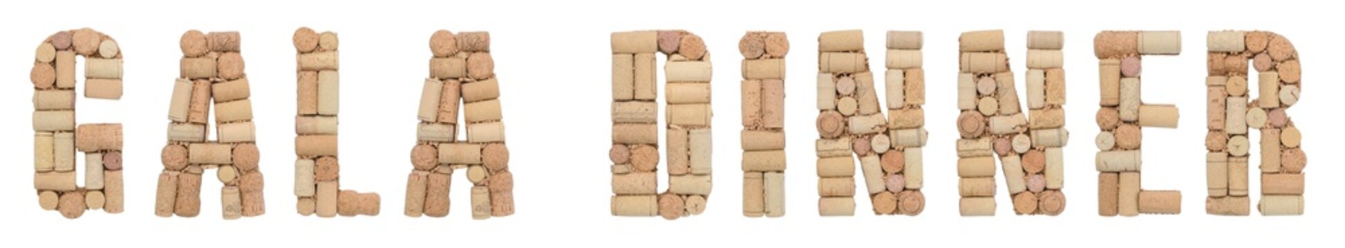 Word Gala Dinner Made Of Wine Corks Isolated On White Background