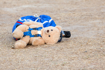 Teddy bear on the ground with blue bag.