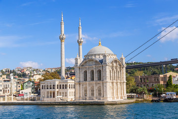 Fototapeta na wymiar Istanbul, Turkey. Ortaköy Mosque (Great Medjidie Mosque, 1853-1854) on the banks of the Bosphorus