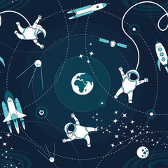 Space orbit spaceships cosmos astronaut spaceman characters exploring outer space seamless abstract background cartoon pattern for wallpaper, textile, prints. Flat line design. Vector illustration.