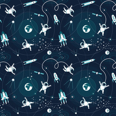 Space orbit spaceships cosmos astronaut spaceman characters exploring outer space seamless abstract background cartoon pattern for wallpaper, textile, prints. Flat line design. Vector illustration.
