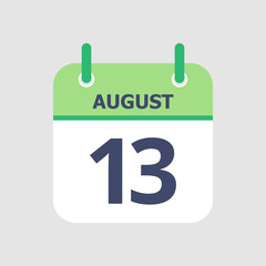 Flat icon calendar 13th of August isolated on gray background. Vector illustration.