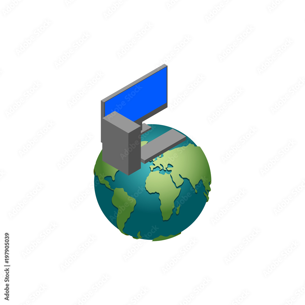 Poster computer and earth. computerization of planet. vector illustration