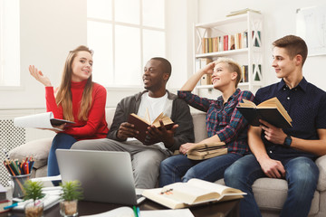 Group of diverse students studying at home atmosphere on the couch