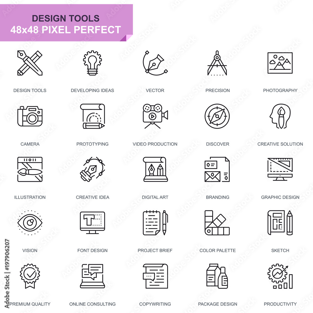 Poster simple set design tools line icons for website and mobile apps. contains such icons as creative, dev