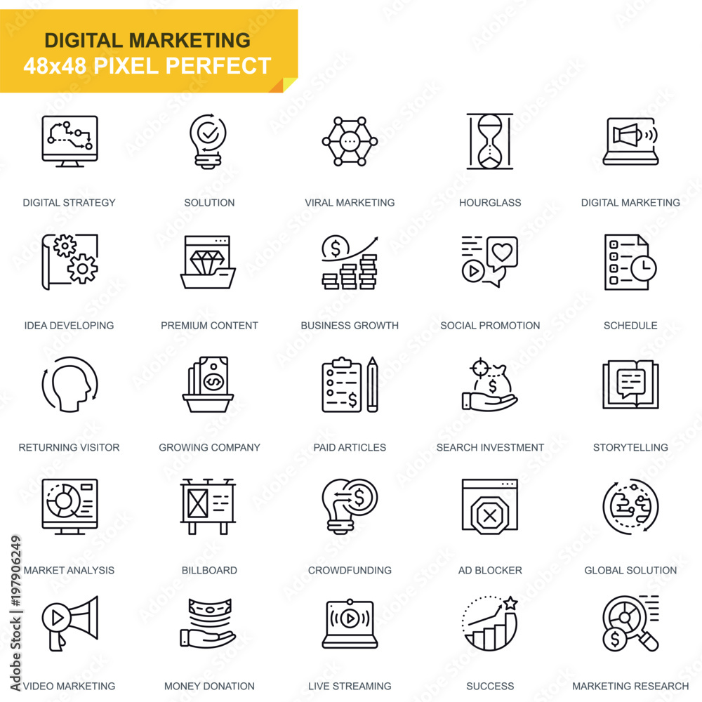 Poster simple set business and marketing line icons for website and mobile apps. contains such icons as dig