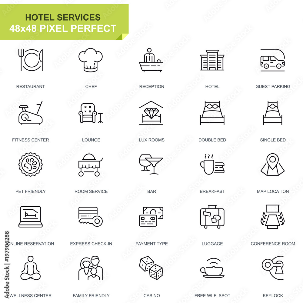 Poster simple set hotel service line icons for website and mobile apps. contains such icons as restaurant, 