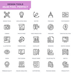 Simple Set Design Tools Line Icons for Website and Mobile Apps. Contains such Icons as Creative, Developing, Precision, Vision, Sketch. 48x48 Pixel Perfect. Editable Stroke. Vector illustration.