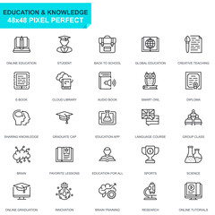 Simple Set Education and Knowledge Line Icons for Website and Mobile Apps. Contains such Icons as Studying, School, Graduation, E-Book. 48x48 Pixel Perfect. Editable Stroke. Vector illustration.