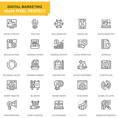 Simple Set Business and Marketing Line Icons for Website and Mobile Apps. Contains such Icons as Digital Strategy, Global Solution, Market. 48x48 Pixel Perfect. Editable Stroke. Vector illustration.
