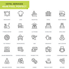 Simple Set Hotel Service Line Icons for Website and Mobile Apps. Contains such Icons as Restaurant, Room Services, Reception. 48x48 Pixel Perfect. Editable Stroke. Vector illustration.