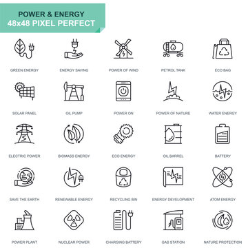 Simple Set Power Industry and Energy Line Icons for Website and Mobile Apps. Contains such Icons as Solar Panel, Eco Energy, Power Plant. 48x48 Pixel Perfect. Editable Stroke. Vector illustration.