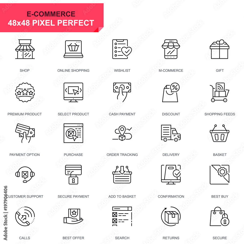 Poster simple set e-commerce and shopping line icons for website and mobile apps. contains such icons as de