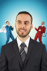 Businessman with angel and devil on his shoulders.