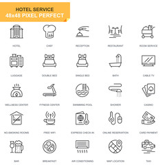 Simple Set Hotel Services Line Icons for Website and Mobile Apps. Contains such Icons as Luggage, Reception, Room Services, Fitness Center. 48x48 Pixel Perfect. Editable Stroke. Vector illustration.