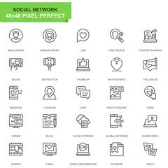 Simple Set Social Media and Network Line Icons for Website and Mobile Apps. Contains such Icons as Avatar, Blogging, Selfie, Friendship. 48x48 Pixel Perfect. Editable Stroke. Vector illustration.